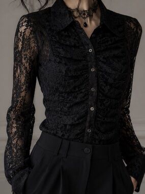 Moda International Black Ruched Lace Gothcore Mesh Blouse Top M